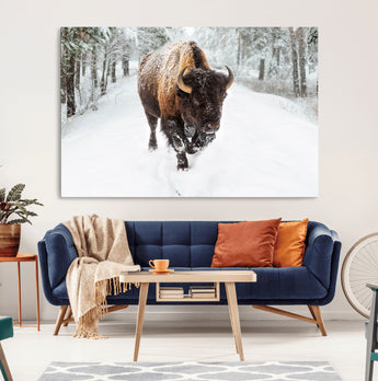 10109-MGV-CV-36X24-Majestic Bison Winter Wall Art – Snowy Forest Buffalo Canvas Print, Rustic Wildlife Photography Decor for Cabin, Lodge, Living