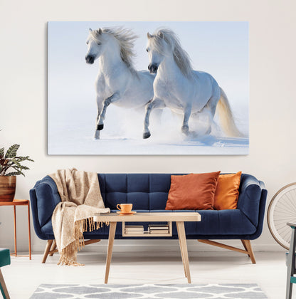 80145-MGV-CV-36X24-White Horses Running Snow Wall Art – Majestic Equine Canvas Print, Winter Nature Photography Decor for Living Room, Office,