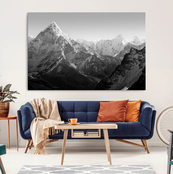 10775-MGV-CV-36X24-Snow Capped Mountain Wall Art – Black and White Canvas Print of Majestic Peaks, Nature Landscape Photography for Office, Bedroom,