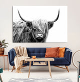51957-MGV-CV-36X24-Highland Cow Wall Art – Black and White Scottish Highland Bull Canvas Print, Rustic Farmhouse Animal Decor for Living Room,