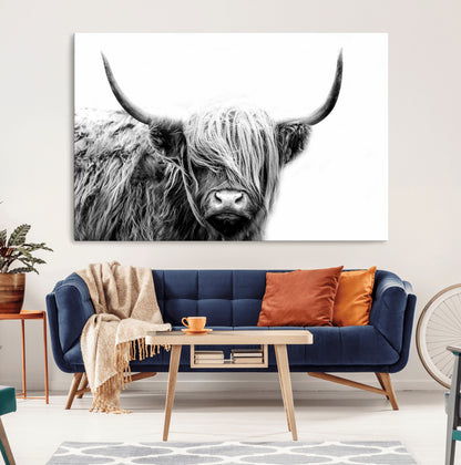 51957-MGV-CV-36X24-Highland Cow Wall Art – Black and White Scottish Highland Bull Canvas Print, Rustic Farmhouse Animal Decor for Living Room,