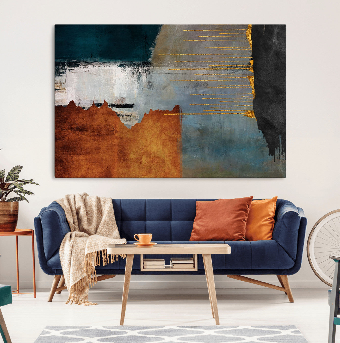 35026-MGV-CV-36X24-Abstract Canvas Wall Art – Modern Teal, Rust, Black and Gold Textured Painting, Contemporary Decor for Living Room, Bedroom or