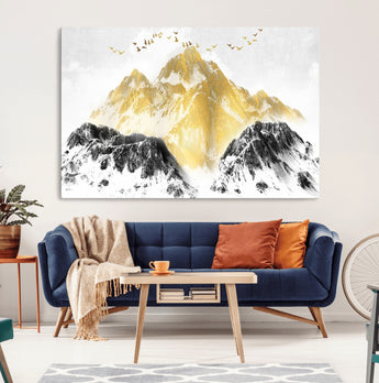 37733-MGV-CV-36X24-Golden Mountain Wall Art – Modern Abstract Landscape Canvas Print with Birds, Luxury Nature Decor for Living Room, Bedroom, or