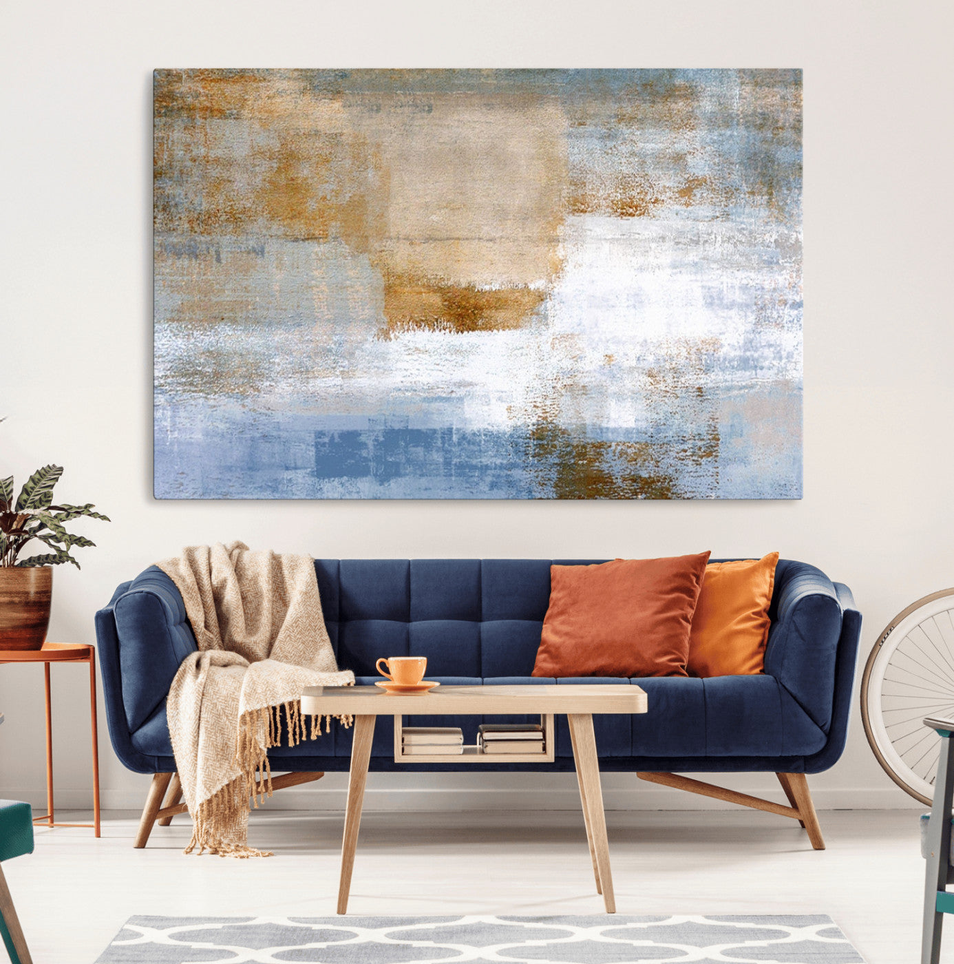72354-MGV-CV-36X24-Blue and Gold Abstract Wall Art – Modern Minimalist Canvas Print, Textured Contemporary Painting for Living Room, Bedroom, or