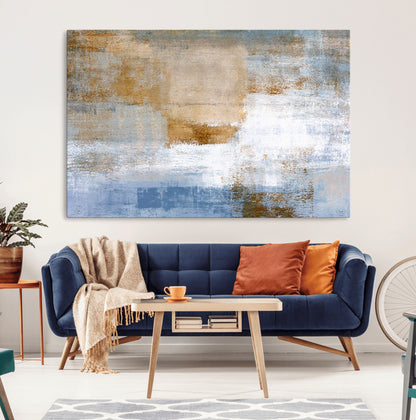 72354-MGV-CV-36X24-Blue and Gold Abstract Wall Art – Modern Minimalist Canvas Print, Textured Contemporary Painting for Living Room, Bedroom, or