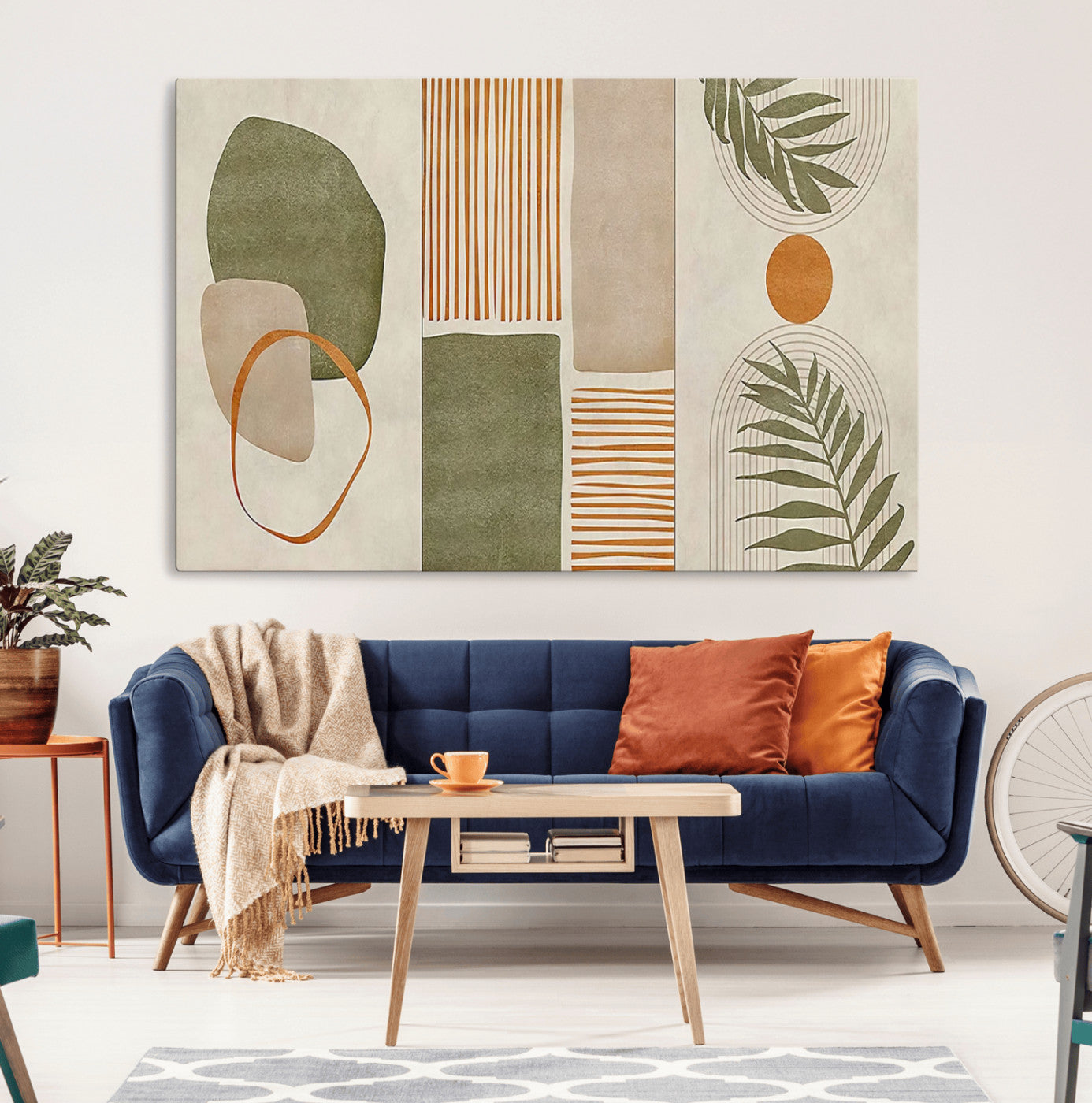 96002-MGV-CV-36X24-Abstract Geometric Wall Art – Modern Canvas Print with Green, Orange & Beige Shapes, Minimalist Home Decor for Living Room, Office