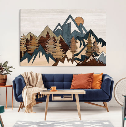 67950-MGV-CV-36X24-Modern Wood Wall Art Canvas Print, Framed Mountain Range Art Picture Print, Wood Mountain Range Perfect Rustic Decor Artwork