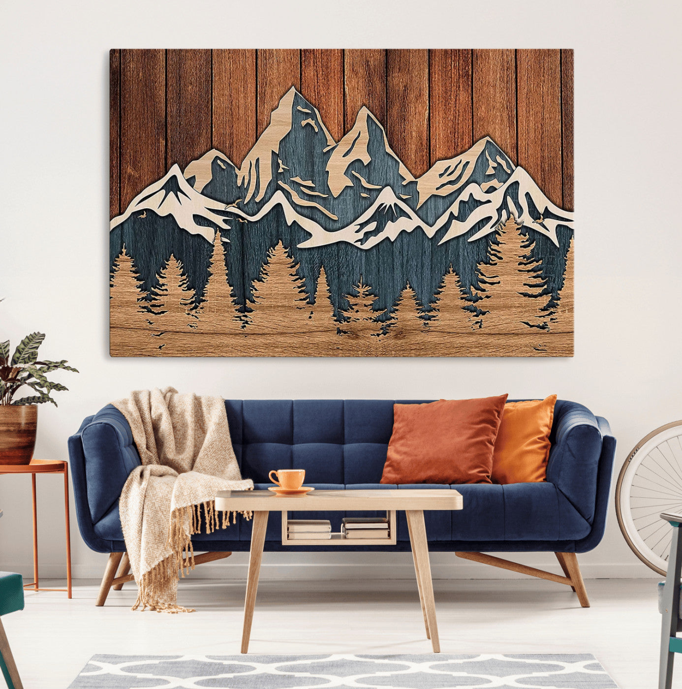 41330-MGV-CV-36X24-Rustic Mountain Wall Art – Wooden Nature Scene with Trees and Peaks, Handmade 3D Layered Decor for Living Room, Cabin or Office