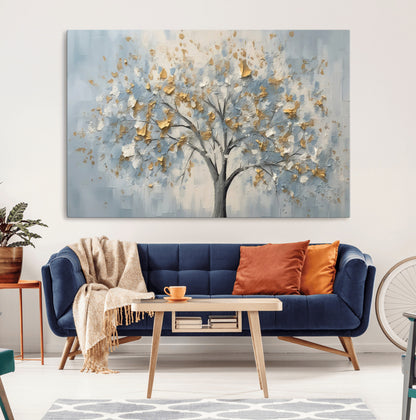 65811-MGV-CV-36X24-Abstract Tree Wall Art – Textured Canvas Painting with Gold and White Leaves, Modern Nature Inspired Decor for Living Room or