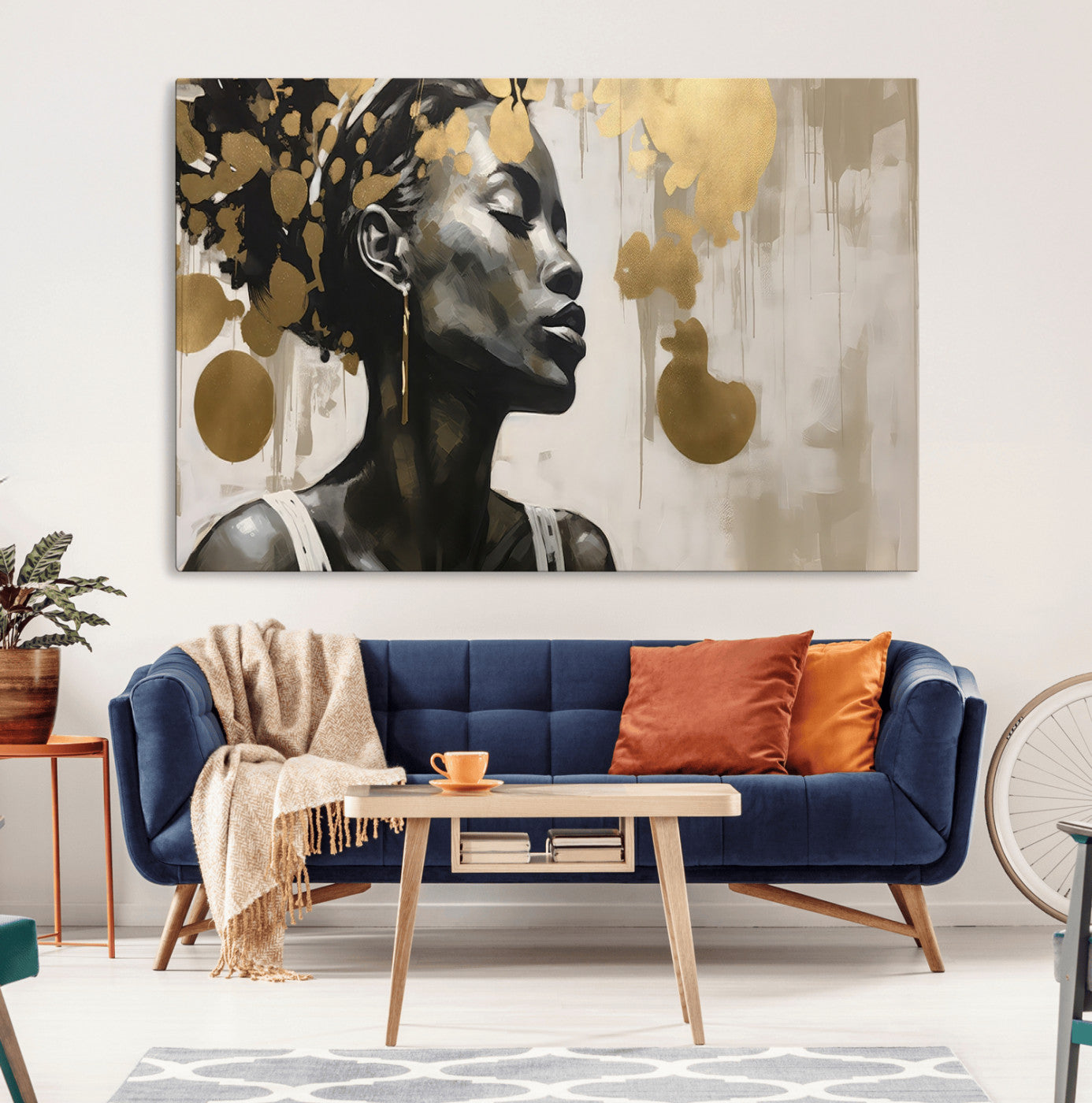 65669-MGV-CV-36X24-Elegant Black Woman Wall Art – Modern Abstract Portrait Canvas with Gold Accents, Contemporary Afrocentric Decor for Living Room