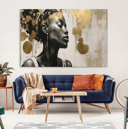 65669-MGV-CV-36X24-Elegant Black Woman Wall Art – Modern Abstract Portrait Canvas with Gold Accents, Contemporary Afrocentric Decor for Living Room