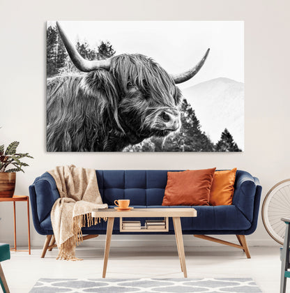 61570-MGV-CV-36X24-Highland Cow Wall Art – Black and White Scottish Bull Canvas Print, Rustic Farmhouse Animal Decor for Living Room, Bedroom, or
