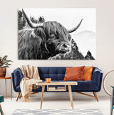 61570-MGV-CV-36X24-Highland Cow Wall Art – Black and White Scottish Bull Canvas Print, Rustic Farmhouse Animal Decor for Living Room, Bedroom, or