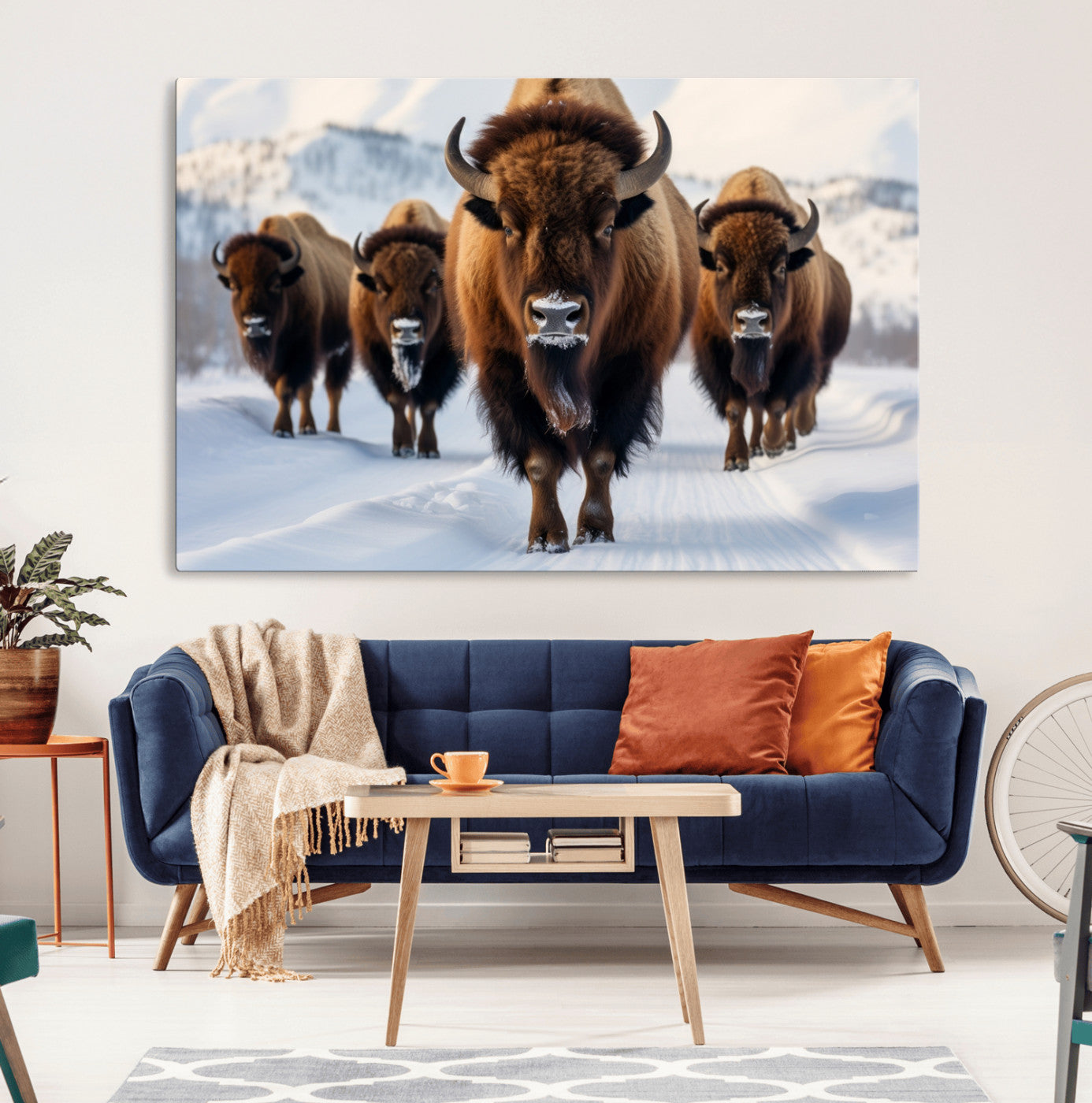 56701-MGV-CV-36X24-Bison Herd Wall Art – Buffalo Walking in Snowy Mountains Canvas Print, Rustic Wildlife Decor for Cabin, Lodge, or Living Room