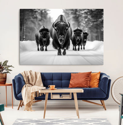 45287-MGV-CV-36X24-Bison Herd Wall Art – Black and White Buffalo Snow Road Canvas Print, Rustic Wildlife Decor for Cabin, Lodge or Living Room