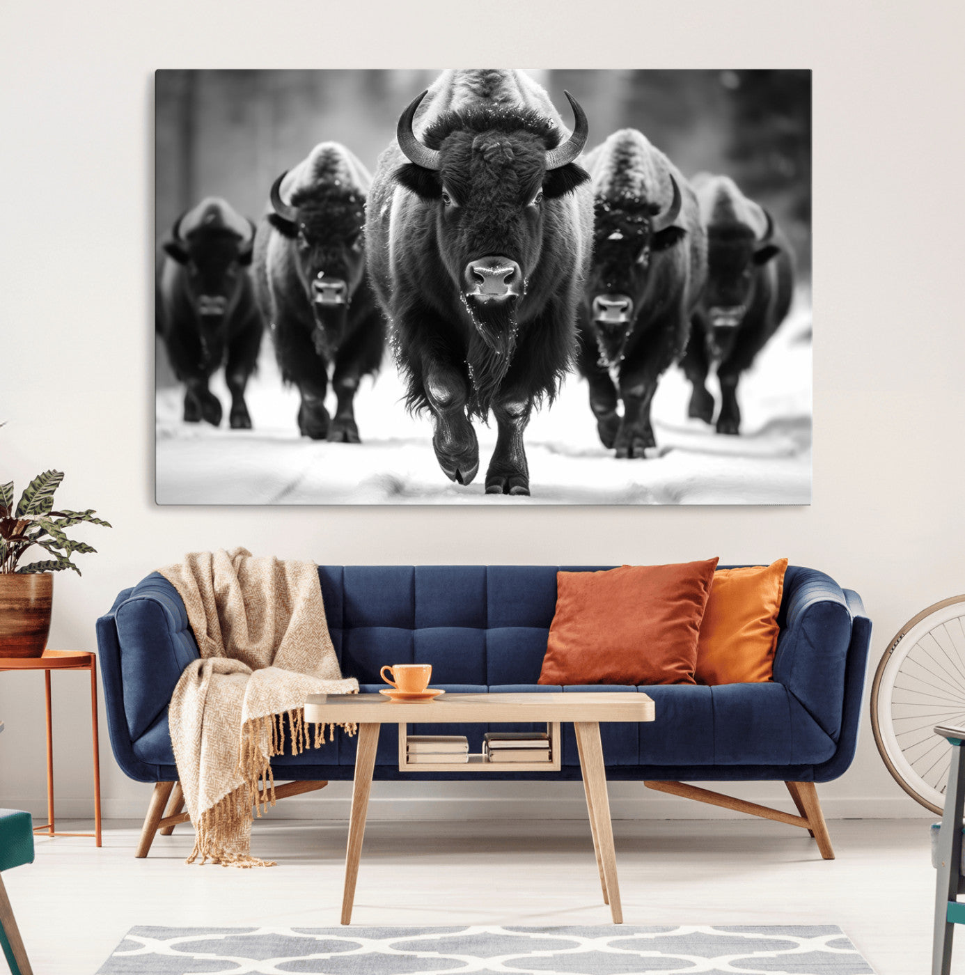 79872-MGV-CV-36X24-Bison Herd Wall Art – Black and White Buffalo on Snow Canvas Print, Rustic Wildlife Decor for Lodge, Cabin, or Living Room