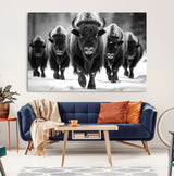 79872-MGV-CV-36X24-Bison Herd Wall Art – Black and White Buffalo on Snow Canvas Print, Rustic Wildlife Decor for Lodge, Cabin, or Living Room