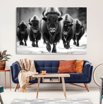 79872-MGV-CV-36X24-Bison Herd Wall Art – Black and White Buffalo on Snow Canvas Print, Rustic Wildlife Decor for Lodge, Cabin, or Living Room