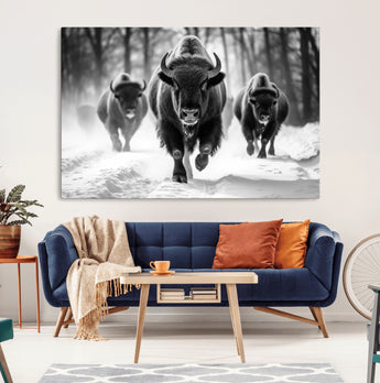 97552-MGV-CV-36X24-Black and White Bison Wall Art – Buffalo Herd Running in Snow Canvas Print, Rustic Wildlife Photography Decor for Cabin, Lodge, or