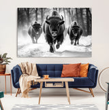 97552-MGV-CV-36X24-Black and White Bison Wall Art – Buffalo Herd Running in Snow Canvas Print, Rustic Wildlife Photography Decor for Cabin, Lodge, or