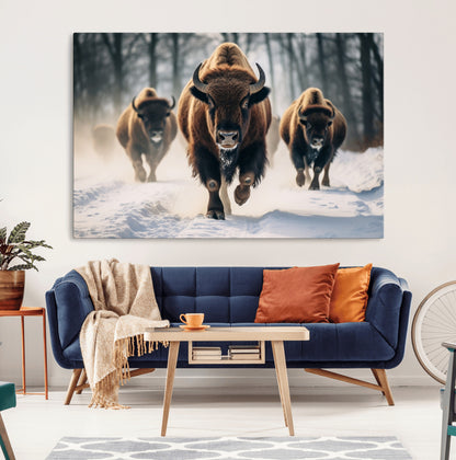 56549-MGV-CV-36X24-Wild Bison Wall Art – Majestic Buffalo Herd Running in Snow Canvas Print, Rustic Wildlife Photography Decor for Cabin, Lodge, or