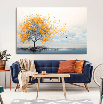 23385-MGV-CV-36X24-Golden Butterfly Tree Wall Art – Abstract Yellow and Gray Canvas Print, Modern Nature Artwork for Living Room, Bedroom or Office