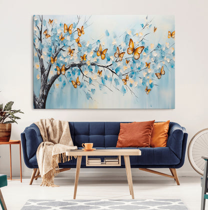 59455-MGV-CV-36X24-Butterfly Tree Branch Wall Art – Blue and Yellow Abstract Canvas Print, Modern Nature Artwork for Living Room, Bedroom or Office