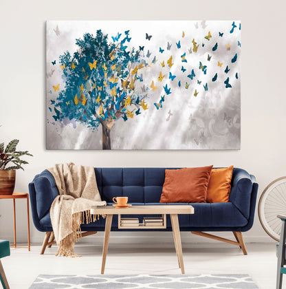 37564-MGV-CV-36X24-Butterfly Tree Wall Art – Modern Nature Canvas Print with Blue and Golden Butterflies, Elegant Decorative Painting for Living Room