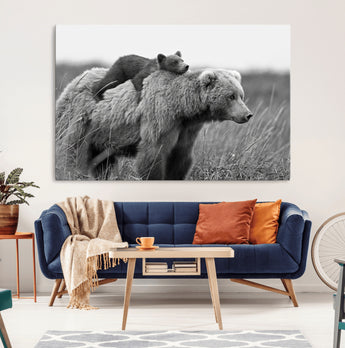 76338-MGV-CV-36X24-Mother Bear and Cub Wall Art – Black and White Wildlife Canvas Print, Rustic Nature Photography for Cabin, Living Room or Office