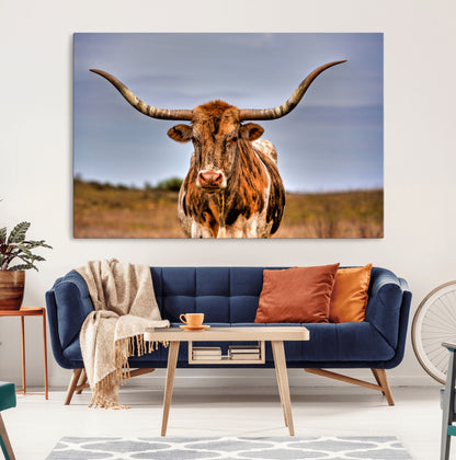 18594-MGV-CV-36X24-Texas Longhorn Bull Wall Art – Rustic Western Cattle Canvas Print, Country Farmhouse Decor for Living Room, Office or Cabin