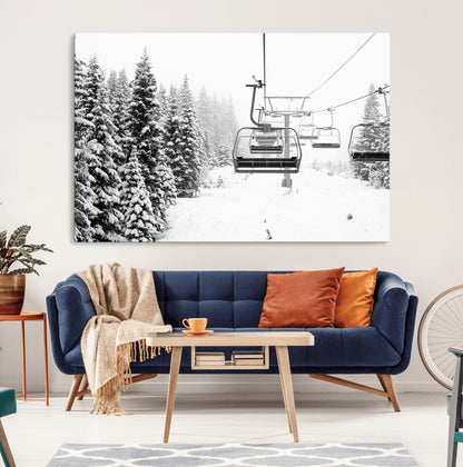 70609-MGV-CV-36X24-Snowy Ski Lift Wall Art – Black and White Winter Mountain Landscape Canvas Print, Rustic Lodge Decor for Cabin, Living Room or