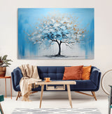 25021-MGV-CV-36X24-Abstract Tree Wall Art – Blue and White Canvas Painting with Gold Accents, Modern Nature-Inspired Artwork for Living Room, Bedroom