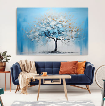 25021-MGV-CV-36X24-Abstract Tree Wall Art – Blue and White Canvas Painting with Gold Accents, Modern Nature-Inspired Artwork for Living Room, Bedroom