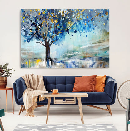 17018-MGV-CV-36X24-Abstract Blue Tree Wall Art – Colorful Canvas Painting with Gold and Silver Accents, Modern Nature Artwork for Living Room,