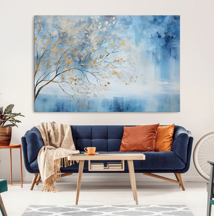 23891-MGV-CV-36X24-Abstract Tree Wall Art – Minimalist Blue and Gold Canvas Painting, Elegant Nature-Inspired Artwork for Living Room, Bedroom or