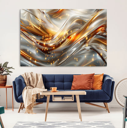 Lines1-MGV-CV-36X24-Abstract Metallic Wall Art – Silver and Gold Wave Canvas Print with Sparkling Accents, Modern Luxury Decor for Living Room, Office
