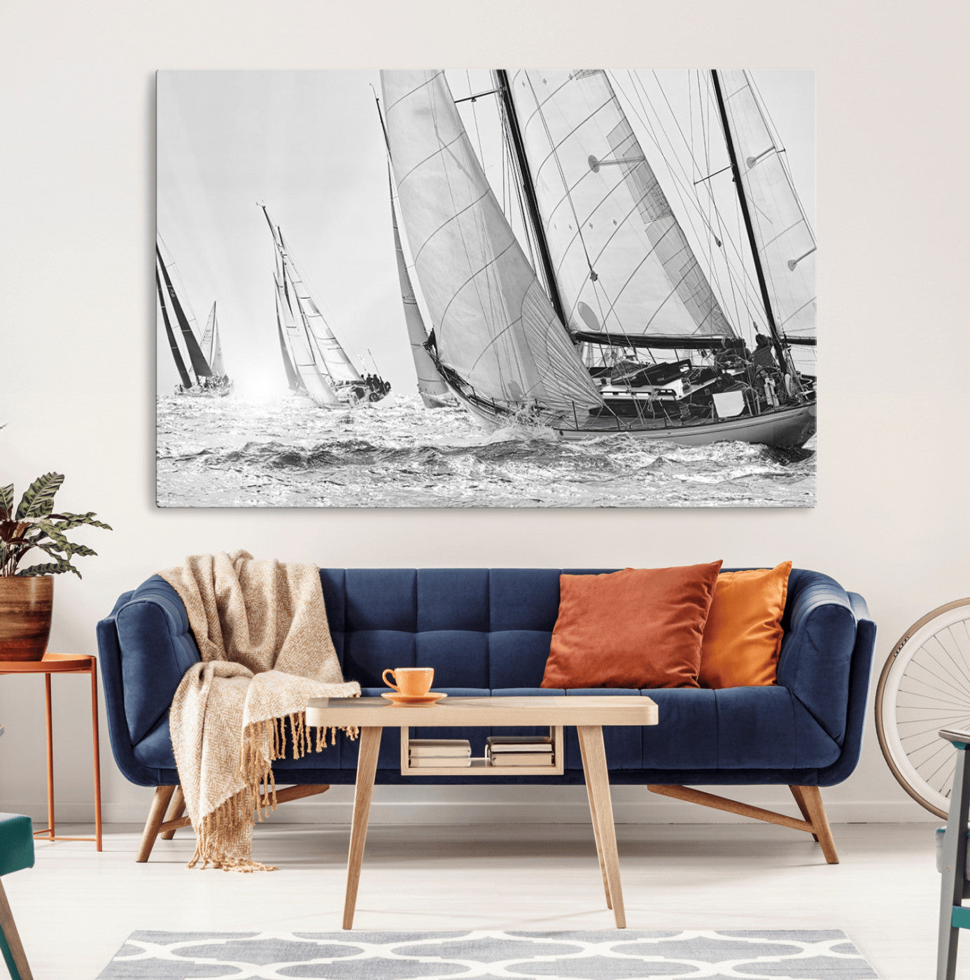 Boat-1-MGV-CV-36X24-Sailboat Racing Wall Art – Nautical Black and White Canvas Print, Ocean Adventure Decor for Office, Living Room or Bedroom