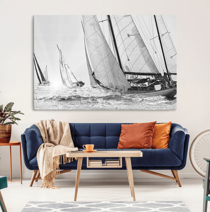 Boat-1-MGV-CV-36X24-Sailboat Racing Wall Art – Nautical Black and White Canvas Print, Ocean Adventure Decor for Office, Living Room or Bedroom