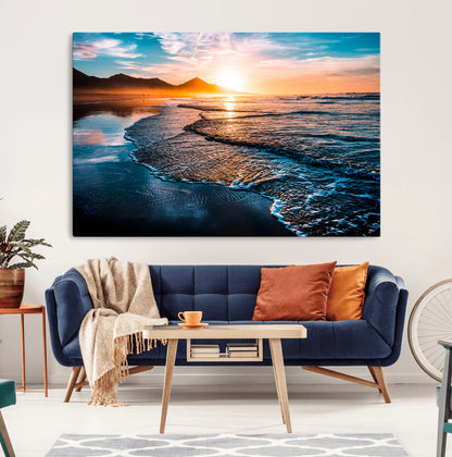 26494-MGV-CV-36X24-Ocean Sunset Wall Art – Scenic Beach Canvas Print with Waves and Mountains, Coastal Seascape Photography for Living Room, Bedroom