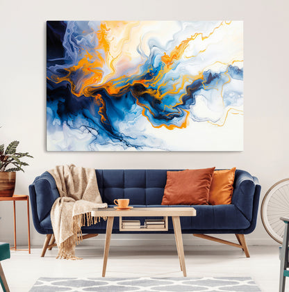 83720-MGV-CV-36X24-Abstract Fluid Wall Art – Blue, White and Gold Swirl Canvas Painting, Modern Contemporary Artwork for Living Room, Bedroom or
