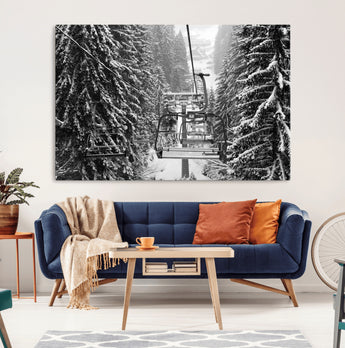 19240-MGV-CV-36X24-Ski Lift Wall Art – Black and White Winter Mountain Canvas Print, Snowy Forest Ski Resort Photography for Cabin, Lodge, Office or