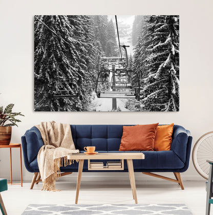 19240-MGV-CV-36X24-Ski Lift Wall Art – Black and White Winter Mountain Canvas Print, Snowy Forest Ski Resort Photography for Cabin, Lodge, Office or