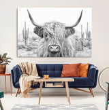 94579-MGV-CV-36X24-Highland Cow Wall Art – Black and White Longhorn Canvas Print, Rustic Western Farmhouse Animal Photography for Living Room,