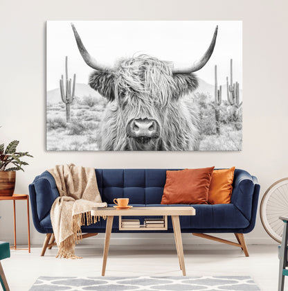 94579-MGV-CV-36X24-Highland Cow Wall Art – Black and White Longhorn Canvas Print, Rustic Western Farmhouse Animal Photography for Living Room,