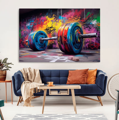 13549-MGV-CV-36X24-Graffiti Gym Wall Art Canvas Print, Framed Graffiti Barbell Art Picture Print, Weightlifting Perfect Fitness Studio Decor Artwork