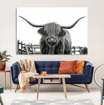 58188-MGV-CV-36X24-Highland Cow Wall Art – Black and White Rustic Farmhouse Canvas Print, Longhorn Cattle Photography Decor for Living Room or