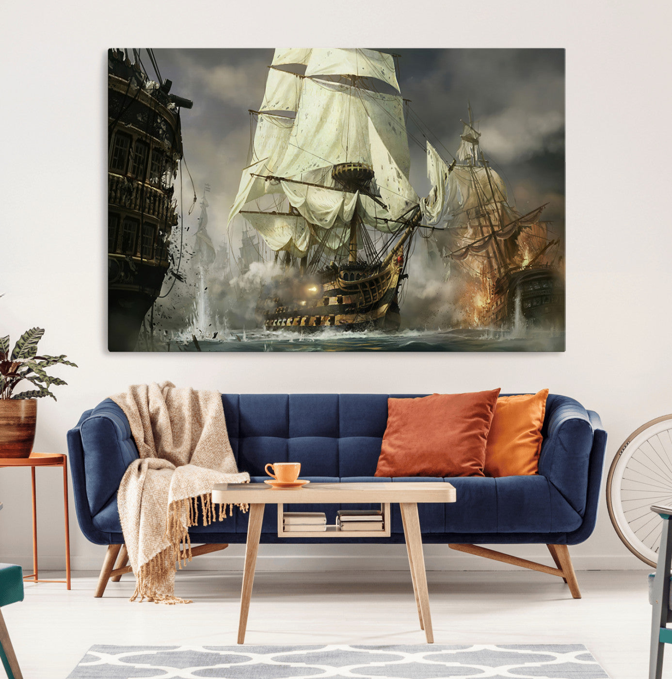 26512-MGV-CV-36X24-Naval Battle Wall Art – Dramatic Tall Ship Canvas Print, Historic Pirate Sailing War Scene, Nautical Decor for Office, Study or
