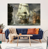 26512-MGV-CV-36X24-Naval Battle Wall Art – Dramatic Tall Ship Canvas Print, Historic Pirate Sailing War Scene, Nautical Decor for Office, Study or