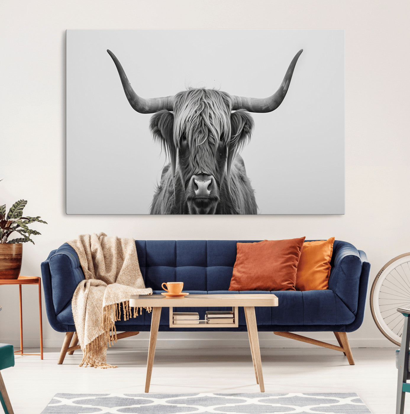 35820-MGV-CV-36X24-Minimalist Highland Cow Wall Art – Black and White Longhorn Cattle Canvas Print, Modern Farmhouse Animal Photography Decor for