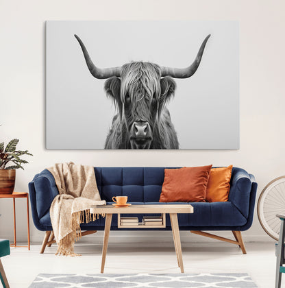 35820-MGV-CV-36X24-Minimalist Highland Cow Wall Art – Black and White Longhorn Cattle Canvas Print, Modern Farmhouse Animal Photography Decor for